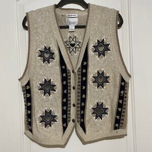 Christopher & Banks Hand Embroidered Sweater Vest Novelty Stars Grandma Western